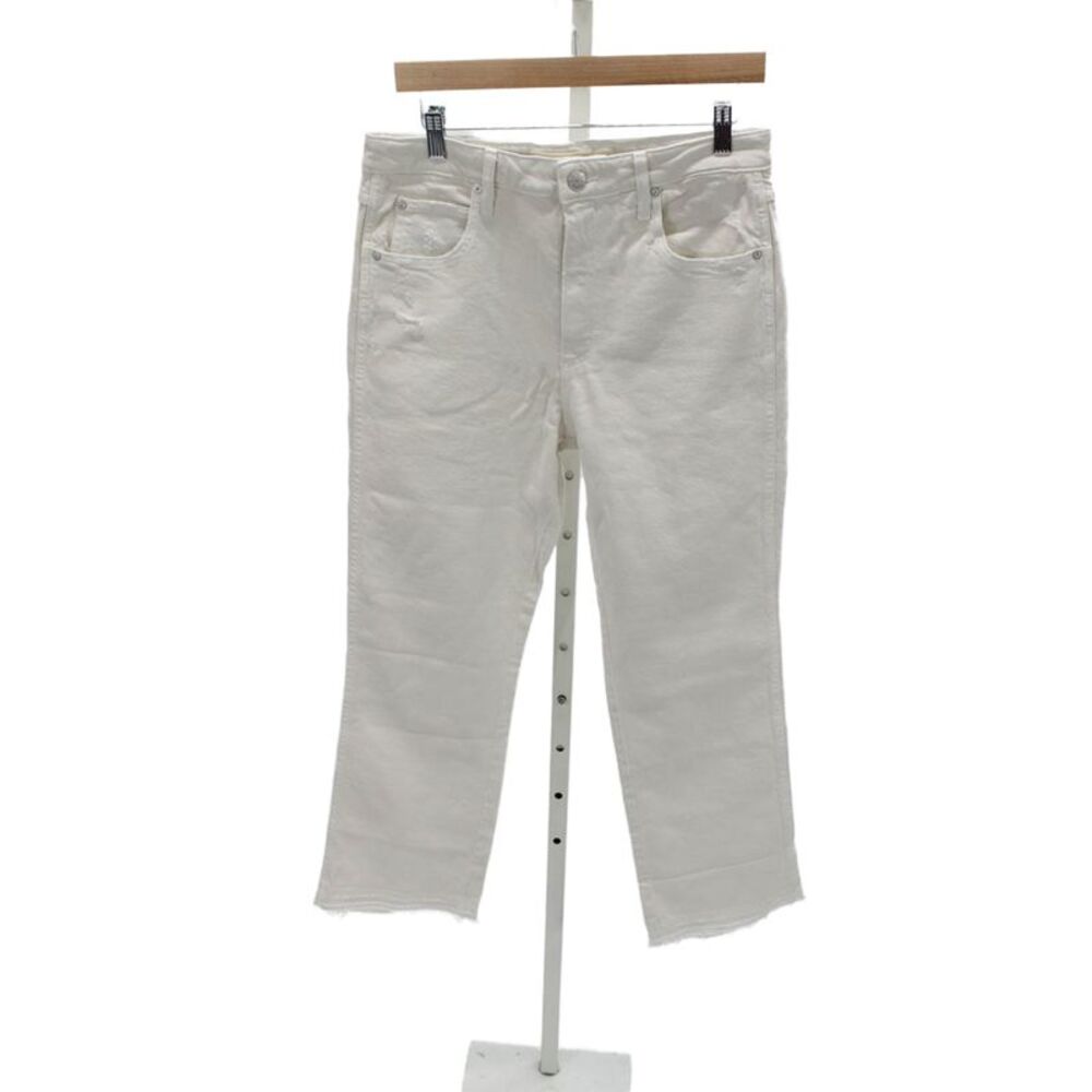 Amo Women Cropped High Rise Distressed White Cotton Blend Jeans Button Size 31